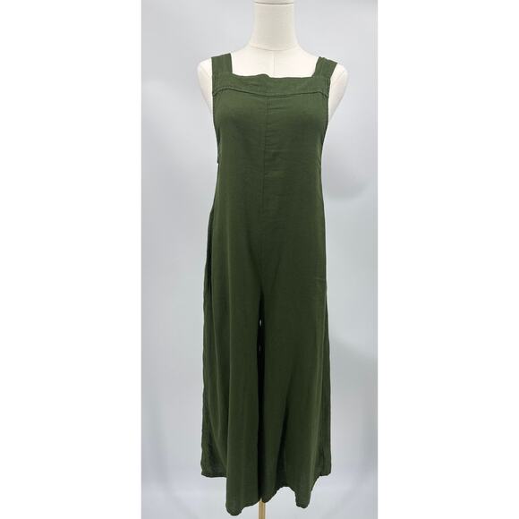 Haute Hippie Boho Linen Blend Cropped Wide Leg Overalls Jumpsuit Green Medium - Picture 1 of 8